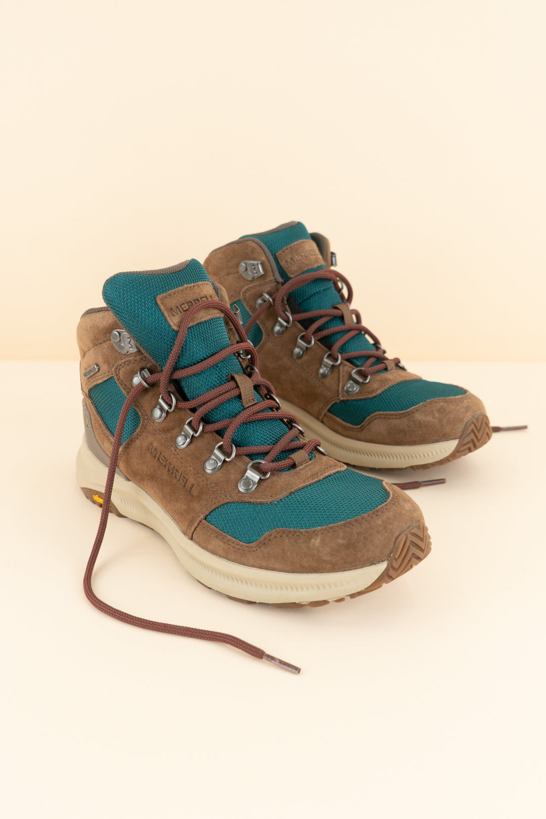merrell teal and brown hiking boots (8; retail $195)