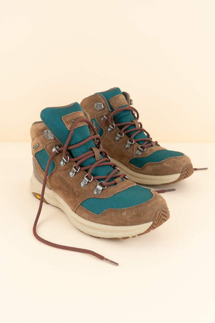 merrell teal and brown hiking boots (8; retail $195)