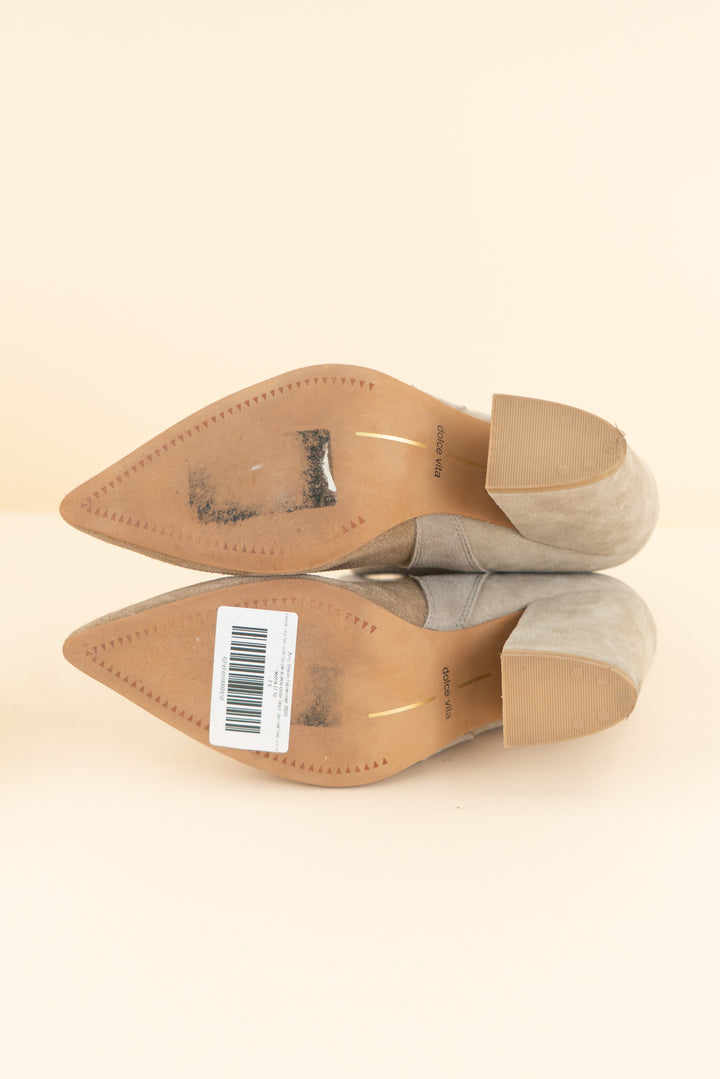 dolce vita tan and taupe suede color block pointed toe ankle bootie (7.5; retail $175)