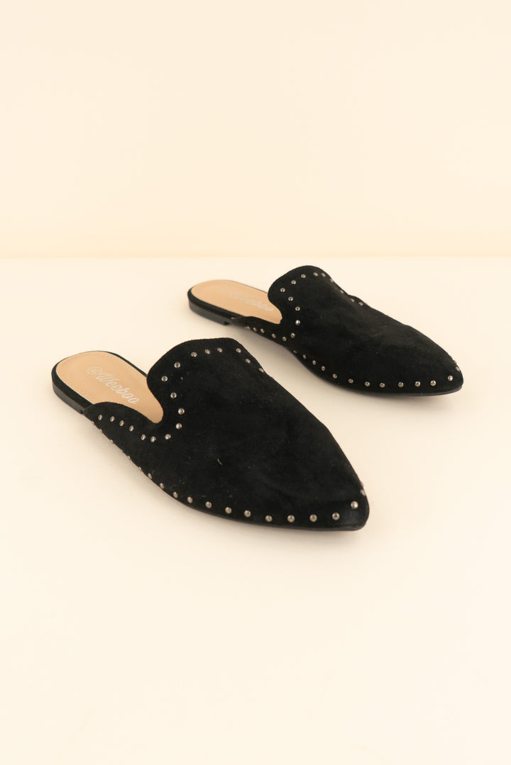 black suede pointed toe mules with silver studs (8.5; retail $45)