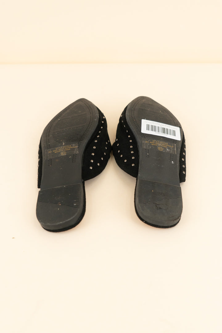 black suede pointed toe mules with silver studs (8.5; retail $45)