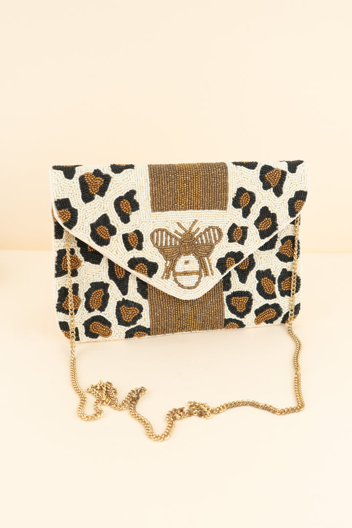 beaded leopard and bee print evening clutch (os; retail $65)
