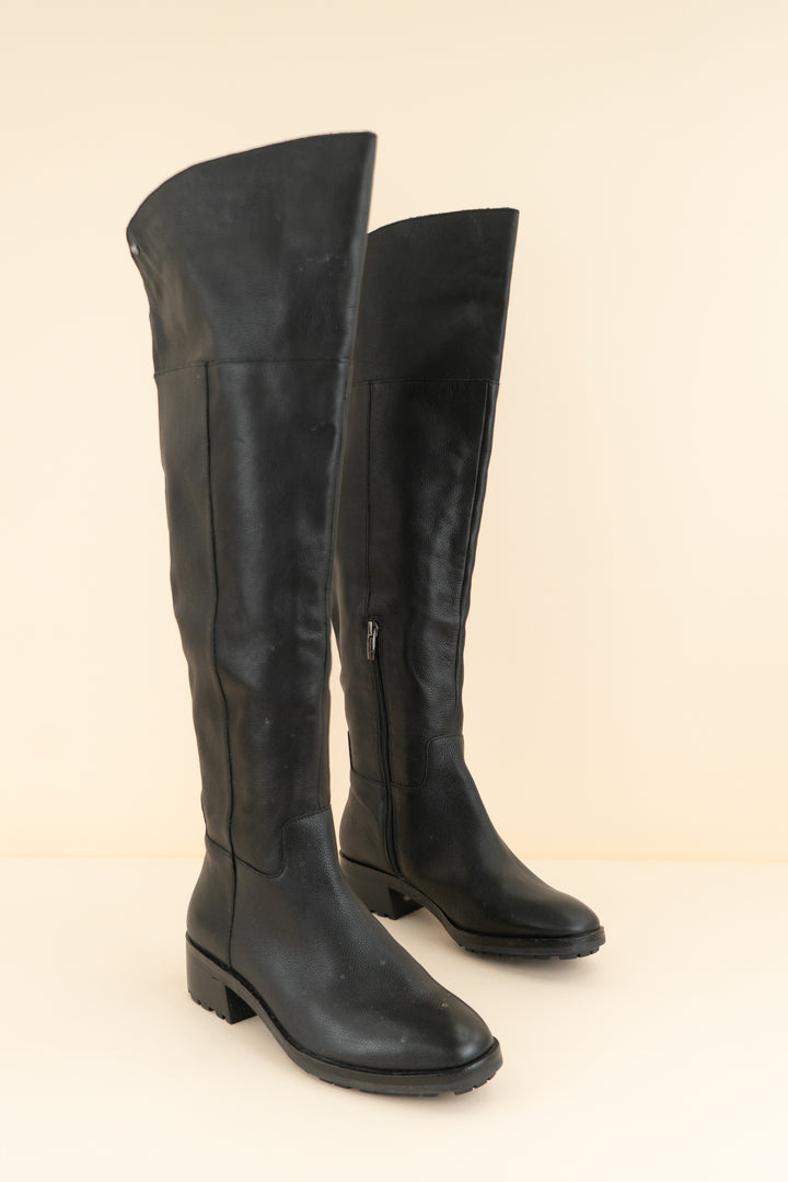 vince camuto black leather over the knee block heel boot (8.5; retail $238)