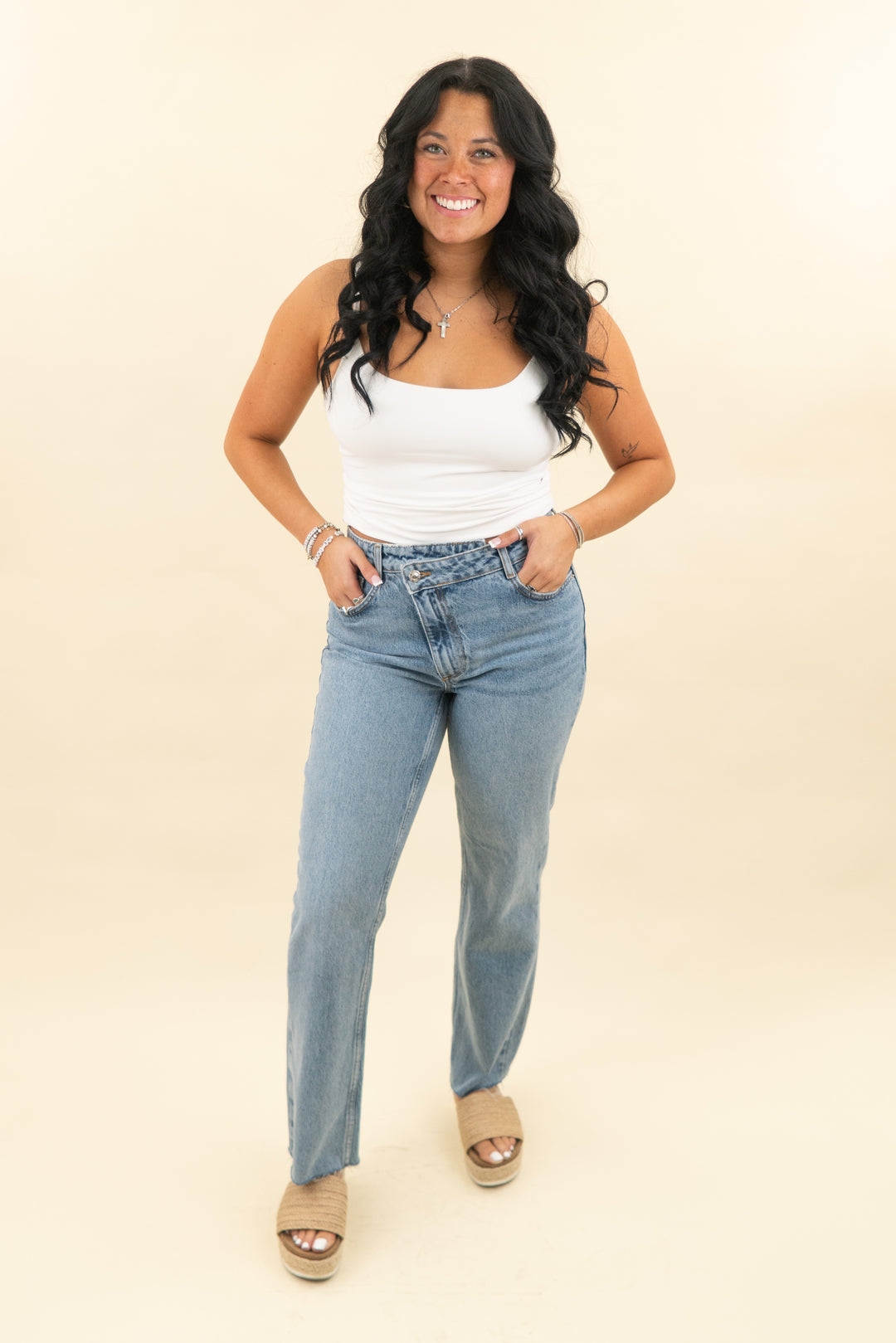 zara crossover waist straight leg jean (28; retail $60)