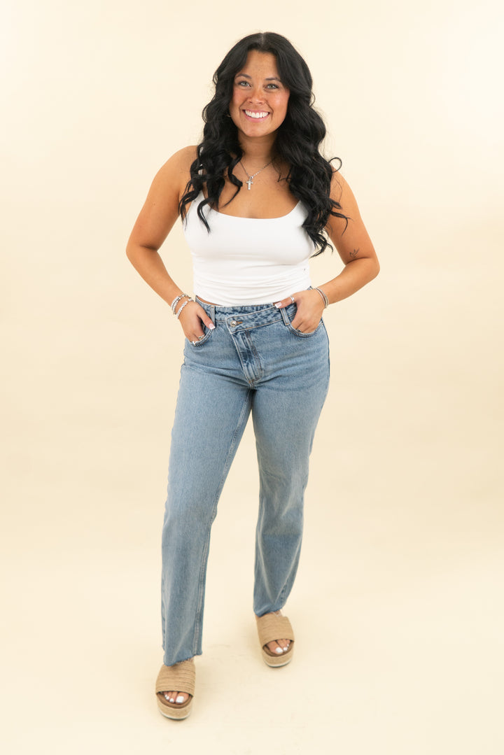 zara crossover waist straight leg jean (28; retail $60)