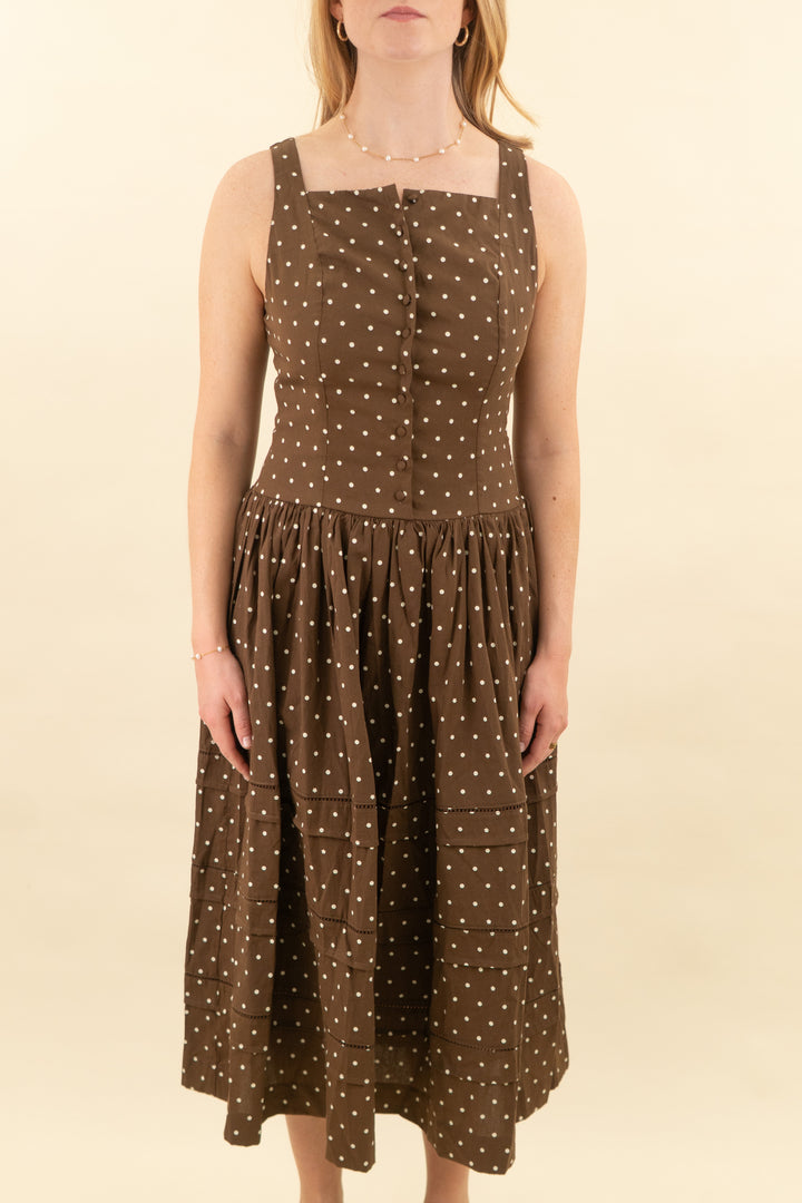 en saison brown and white polka dot tiered midi dress nwt (m)