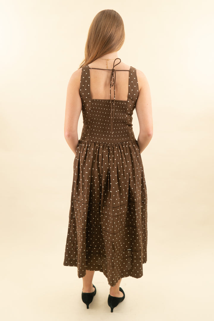 en saison brown and white polka dot tiered midi dress nwt (m)