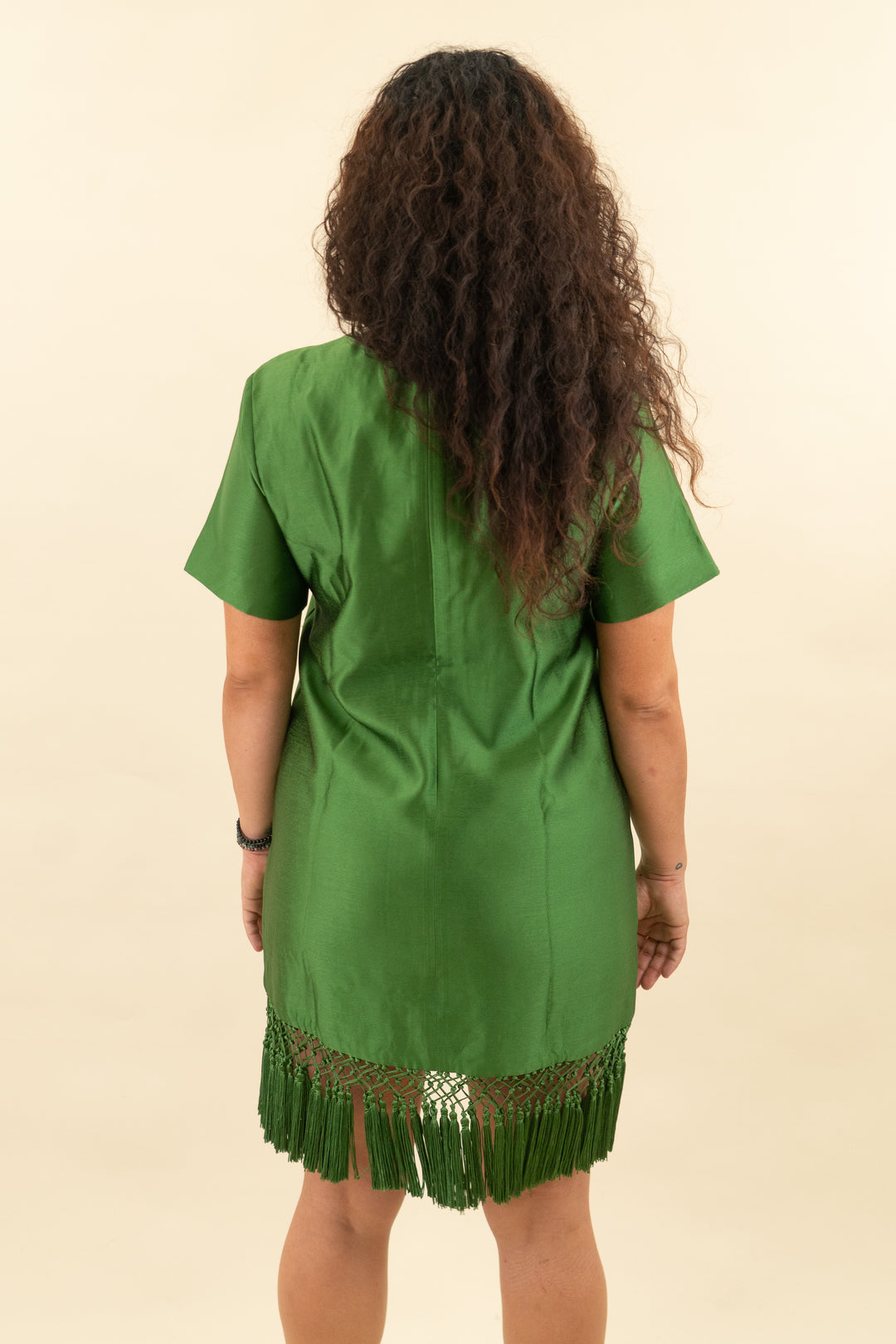 tuckernuck kelly green short sleeve dress with fringe hem nwt (m; retail $298)