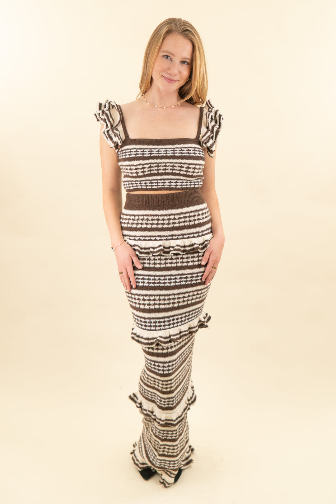 tularosa brown and cream crop and midi knit skirt set (m; retail $337)