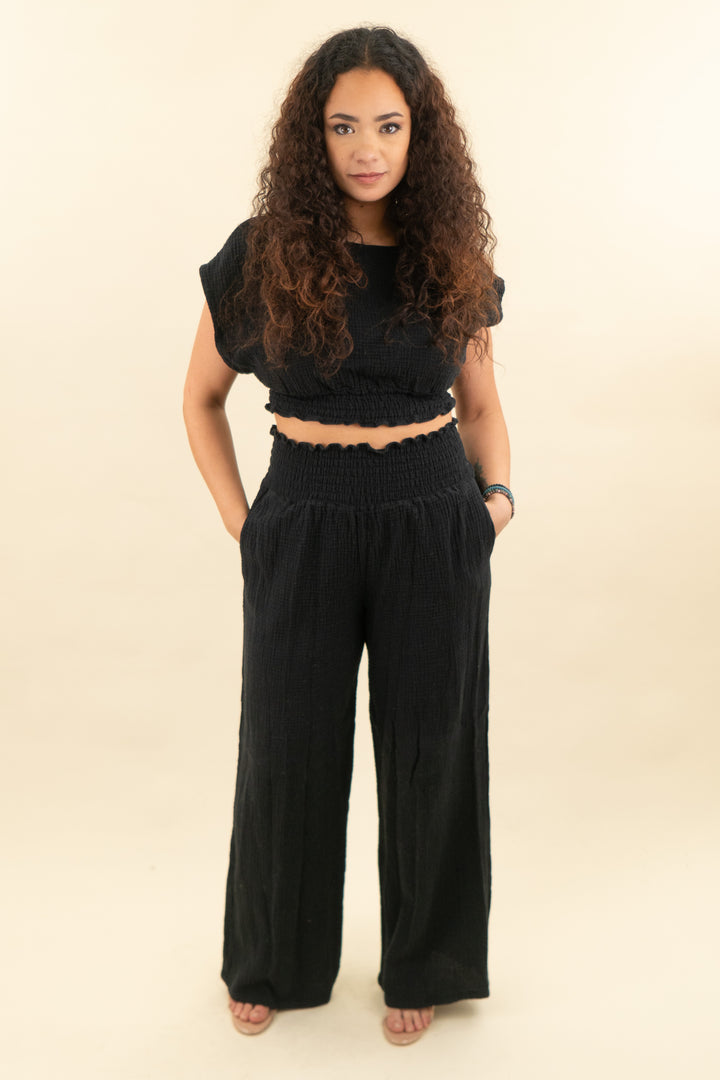 lovers and friends black gauze shirt and pant set (m; retail $248)