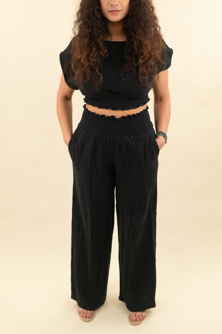 lovers and friends black gauze shirt and pant set (m; retail $248)