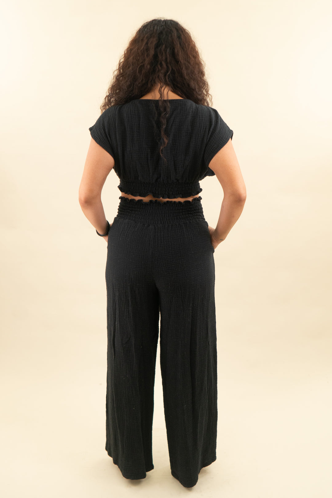 lovers and friends black gauze shirt and pant set (m; retail $248)