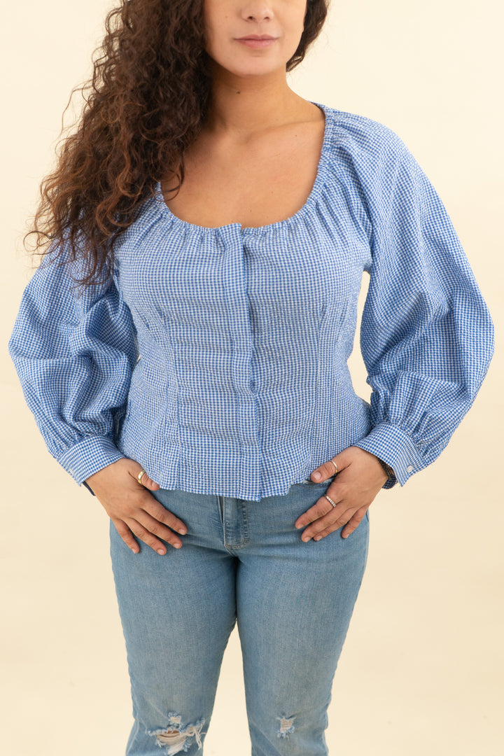 tuckernuck blue and white gingham cotton blend balloon sleeve top (l)