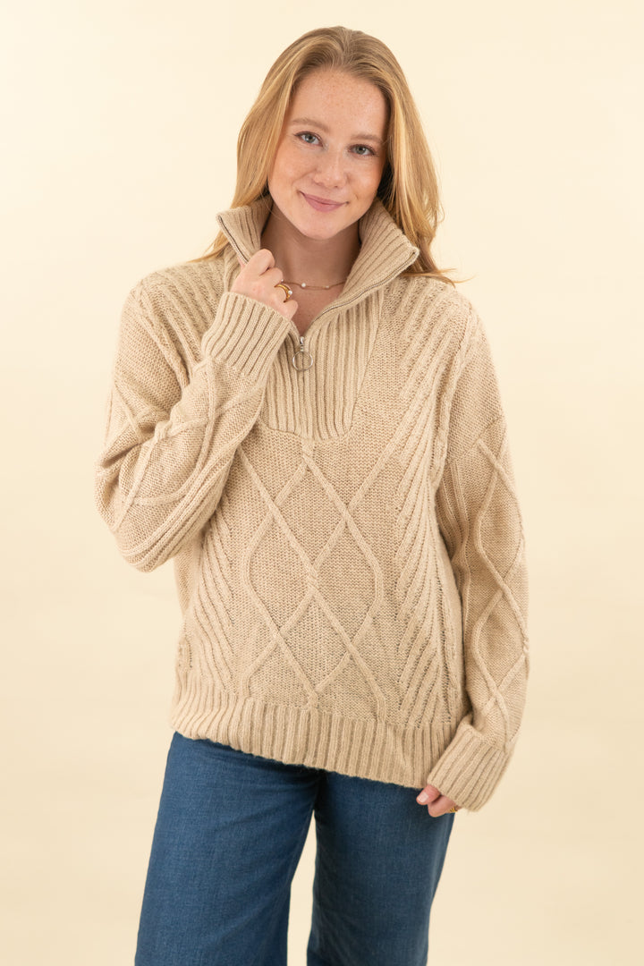 sndys tan knit half-zip sweater (m; retail $65)