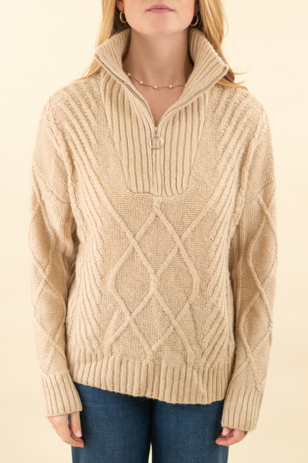 sndys tan knit half-zip sweater (m; retail $65)