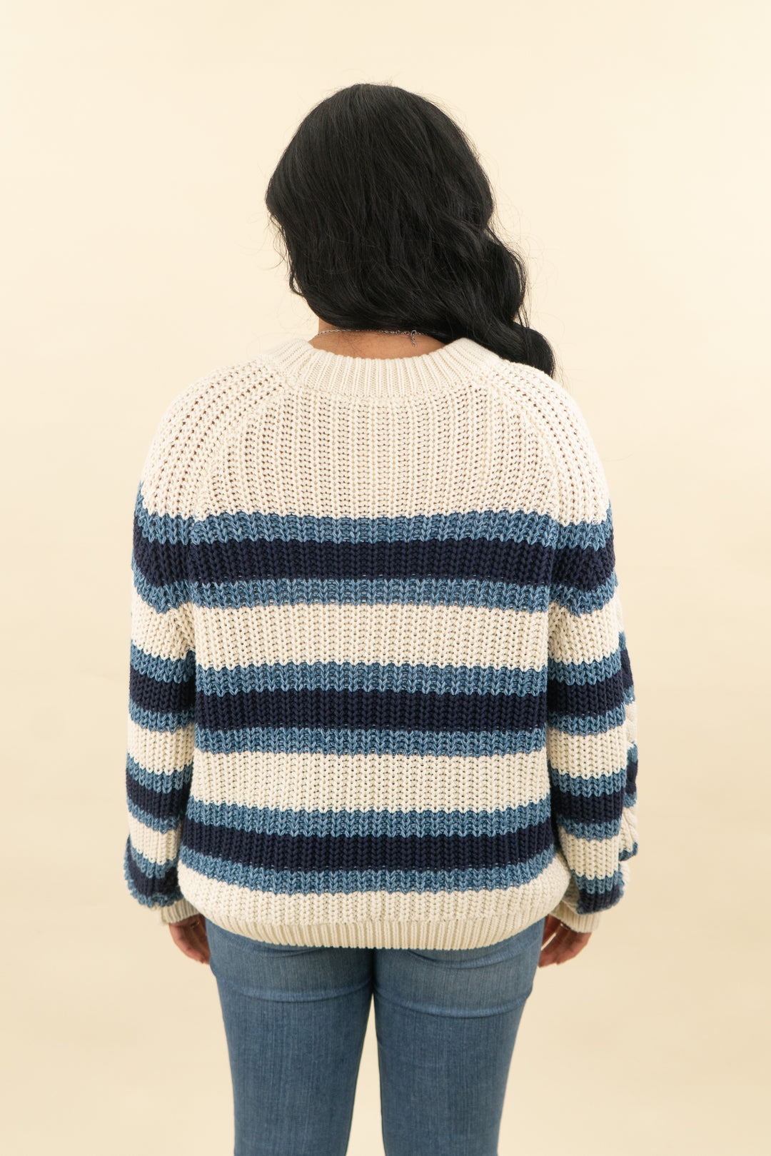 free people cream and blue striped crewneck sweater nwt (m; retail $128)