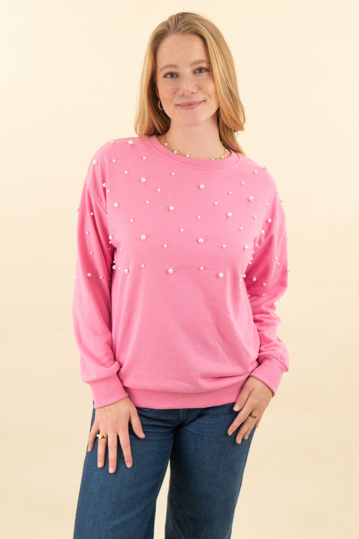 pink lily bubblegum pink crew neck with pearl embellishments (m; retail $54)