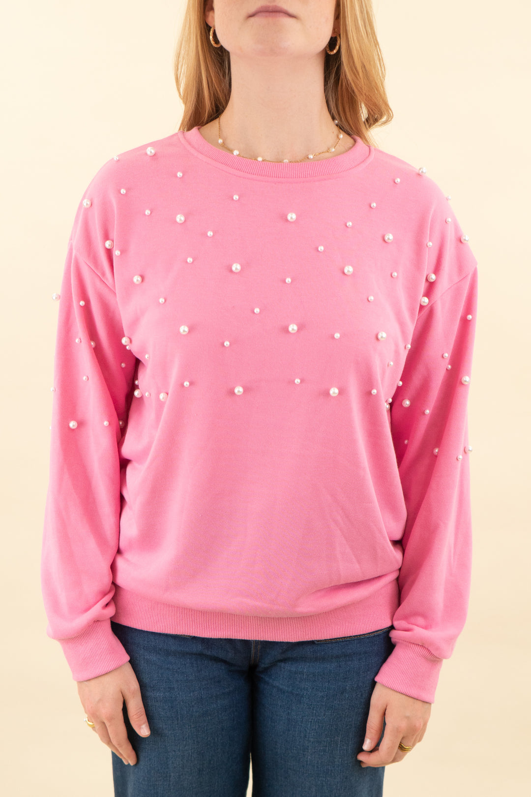pink lily bubblegum pink crew neck with pearl embellishments (m; retail $54)