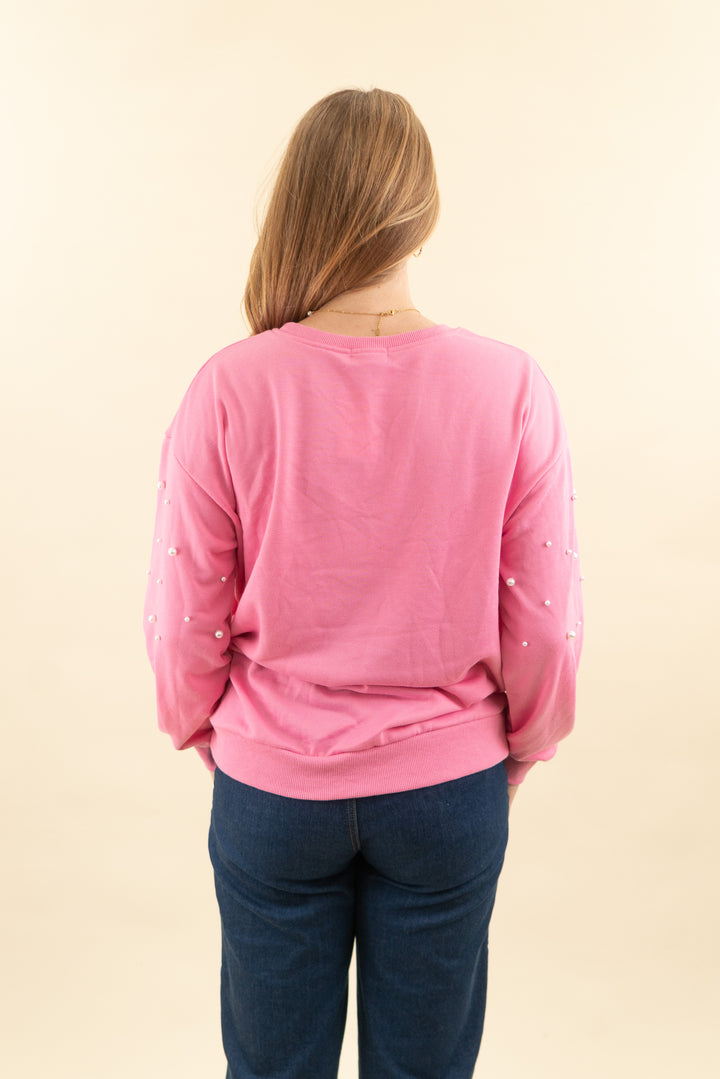 pink lily bubblegum pink crew neck with pearl embellishments (m; retail $54)