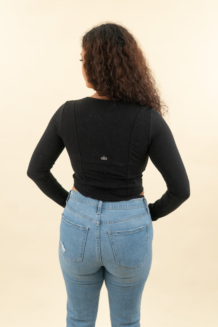 alo black long sleeve soft sculpt top (l; retail $98)