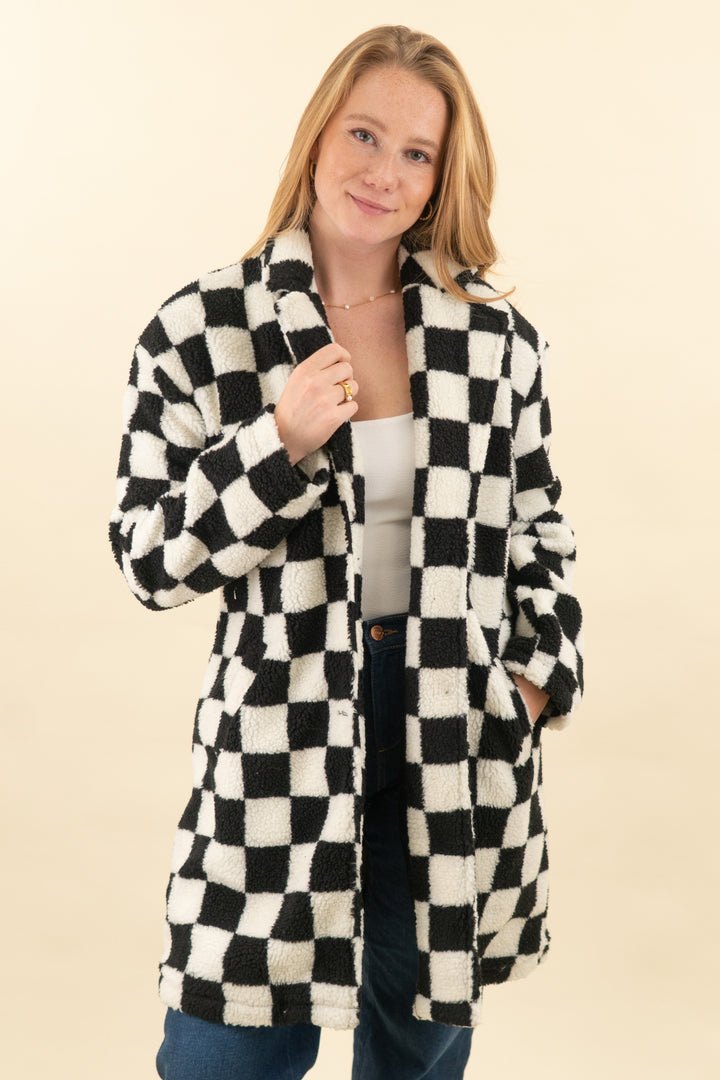 pink lily black checkered sherpa coat (s; retail $74)