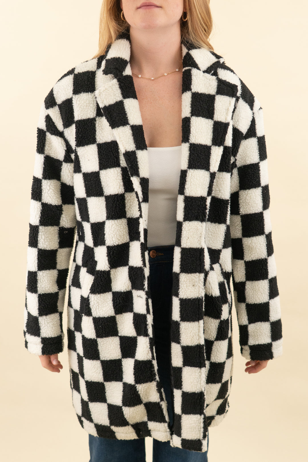 pink lily black checkered sherpa coat (s; retail $74)