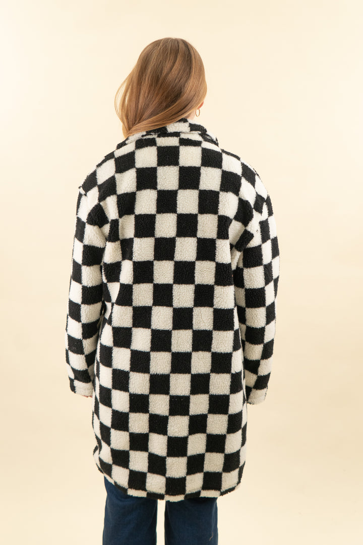 pink lily black checkered sherpa coat (s; retail $74)