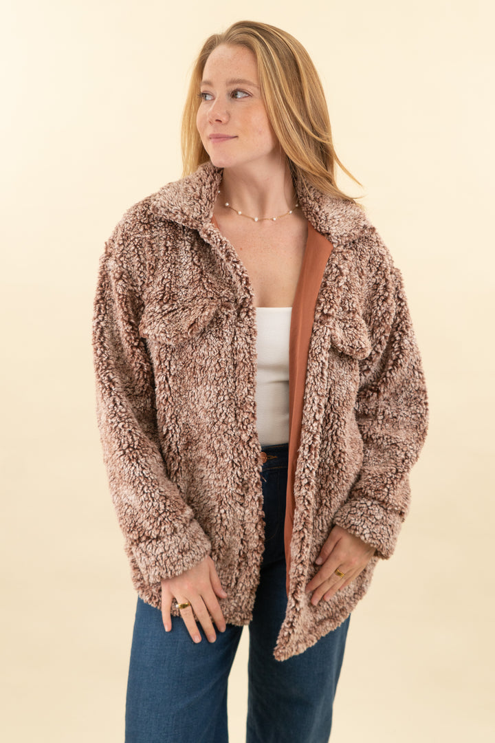 pink lily light brown sherpa coat (l; retail $74)