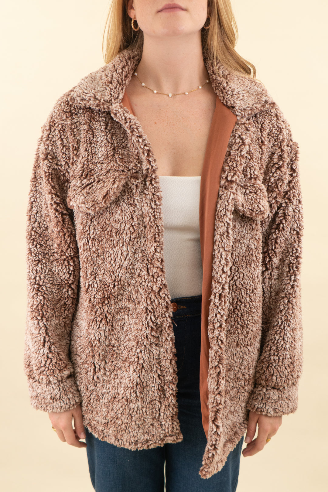 pink lily light brown sherpa coat (l; retail $74)