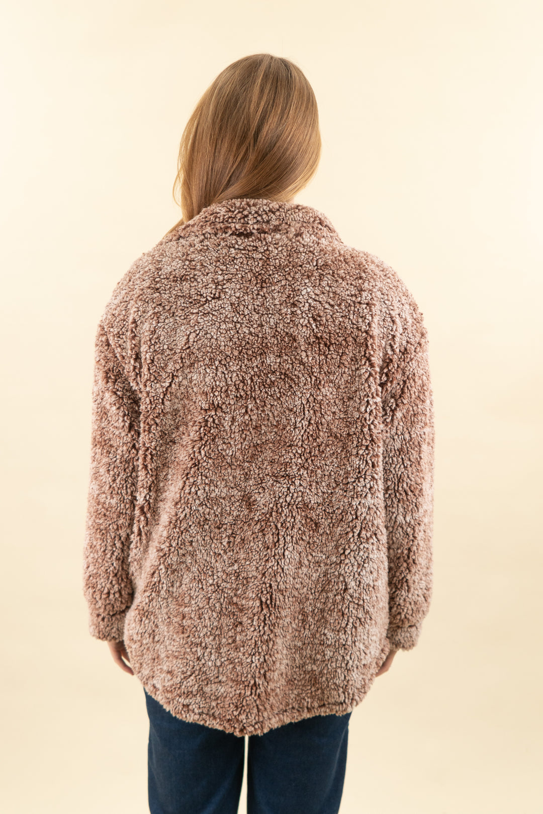 pink lily light brown sherpa coat (l; retail $74)