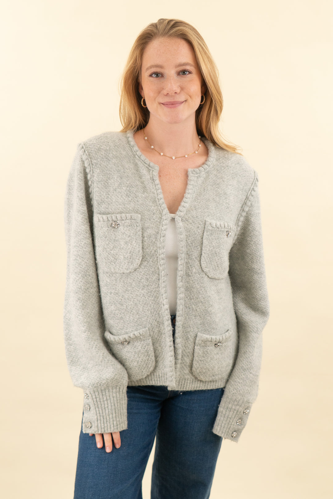 j. crew light gray cardigan with rhinestone buttons (l; retail $148)