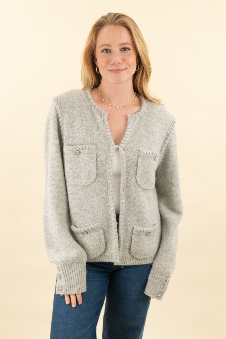 j. crew light gray cardigan with rhinestone buttons (l; retail $148)