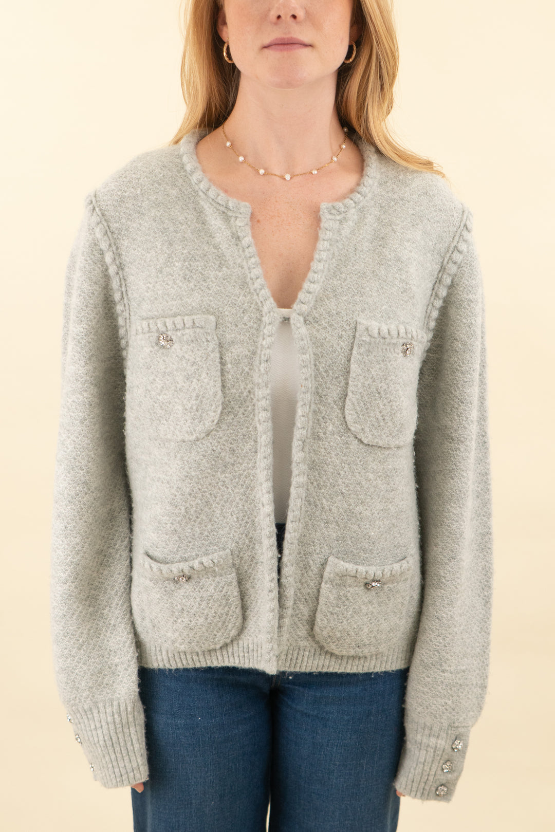 j. crew light gray cardigan with rhinestone buttons (l; retail $148)