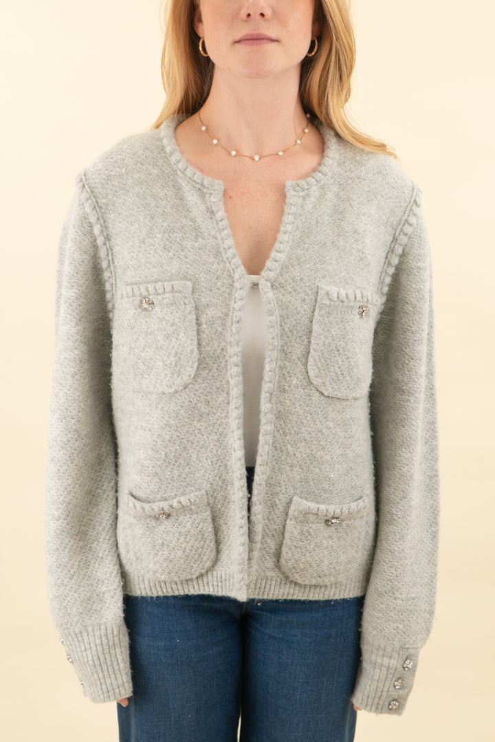 j. crew light gray cardigan with rhinestone buttons (l; retail $148)