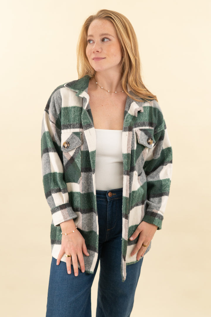 boohoo green and cream plaid shacket (l; retail $128)
