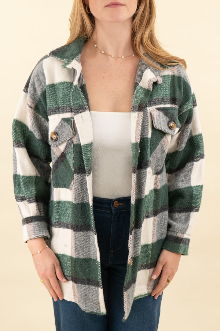 boohoo green and cream plaid shacket (l; retail $128)