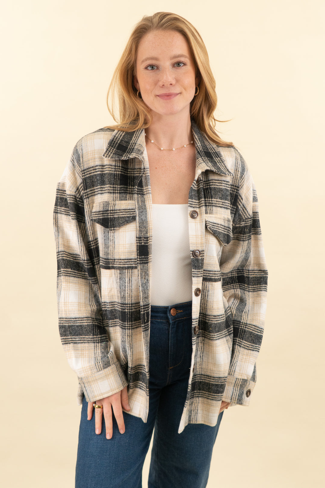 pink lily black and cream plaid shacket (m; retail $48)