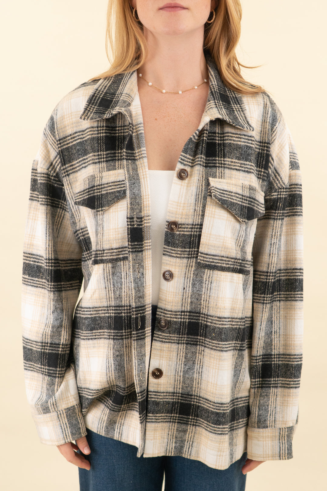pink lily black and cream plaid shacket (m; retail $48)