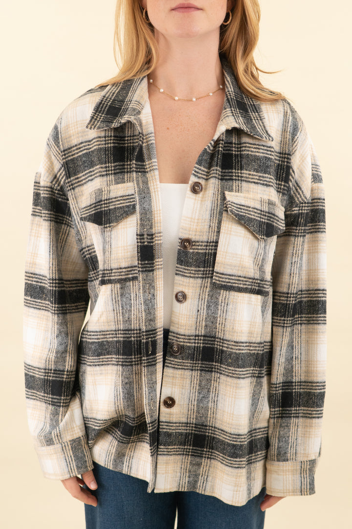 pink lily black and cream plaid shacket (m; retail $48)