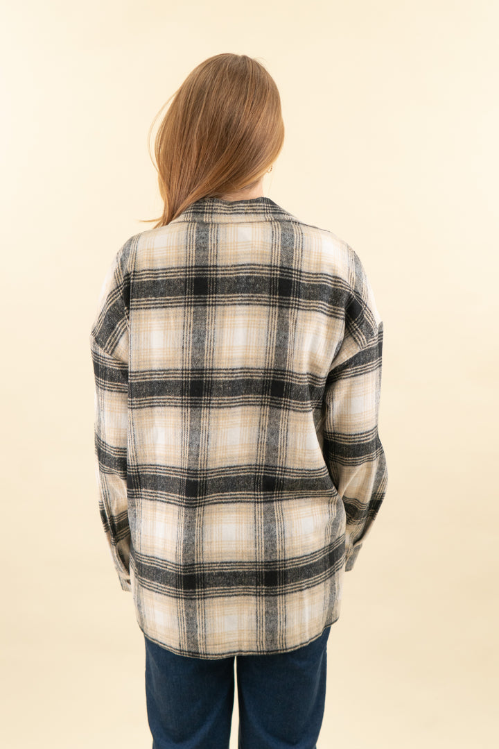 pink lily black and cream plaid shacket (m; retail $48)
