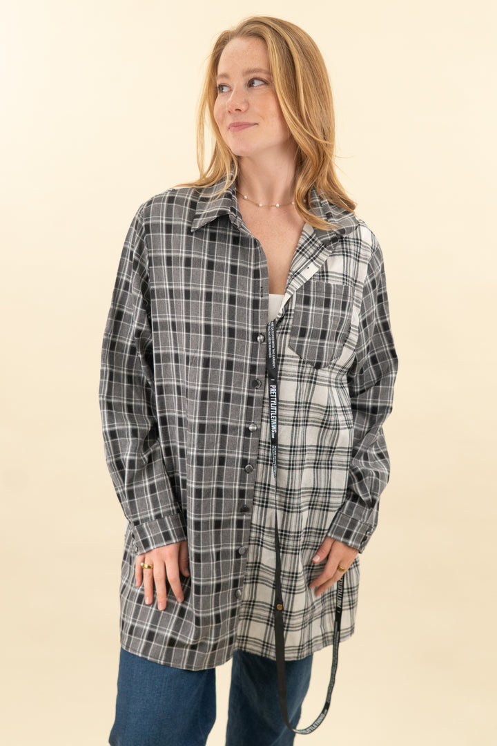 pretty little thing black plaid button down dress nwt (8; retail $62)