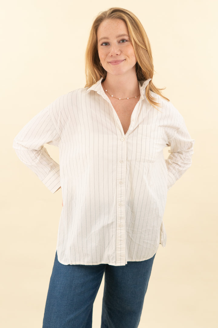 madewell cream and dark grey pinstripe button down shirt (s; retail $88)