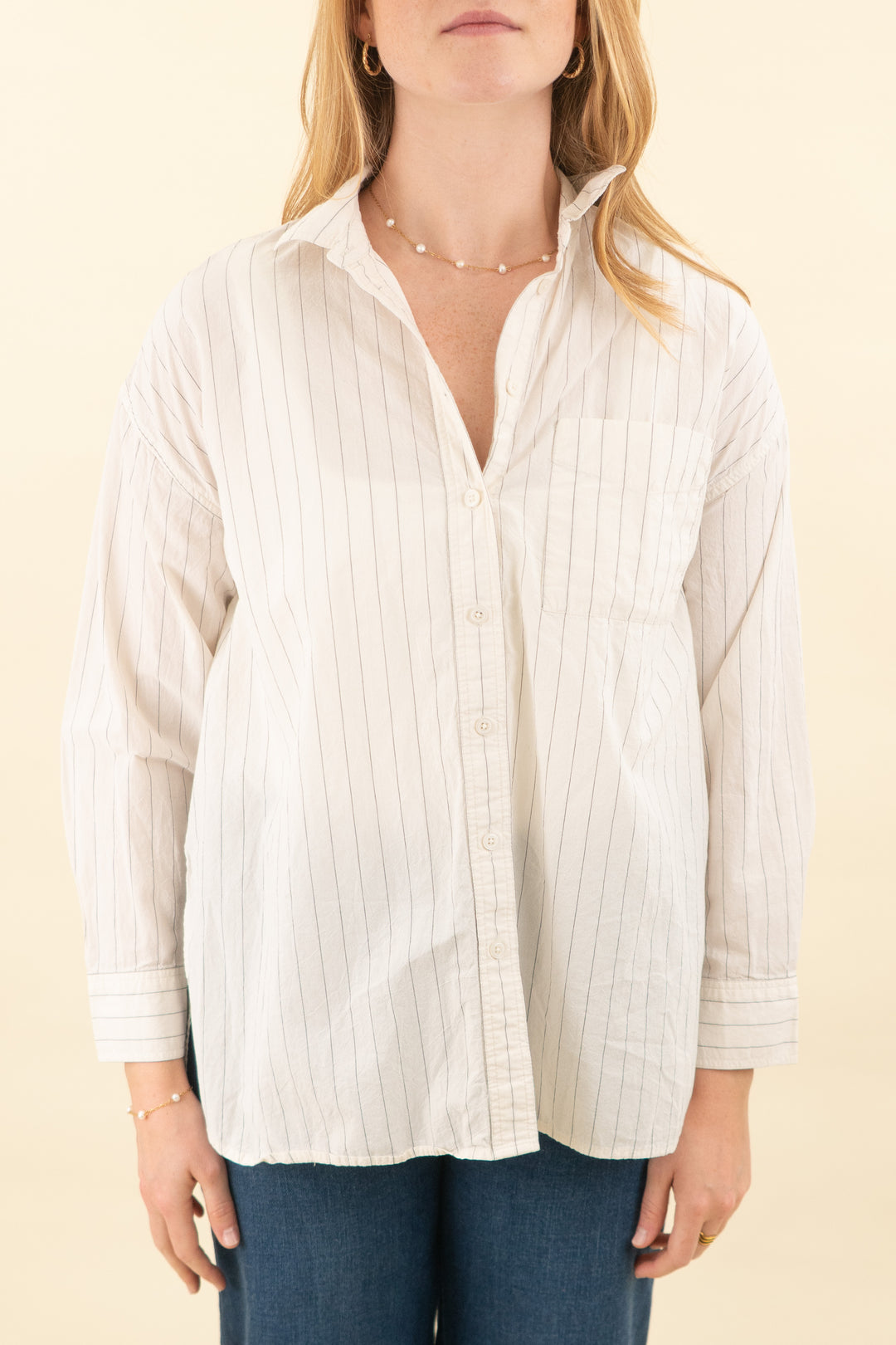 madewell cream and dark grey pinstripe button down shirt (s; retail $88)