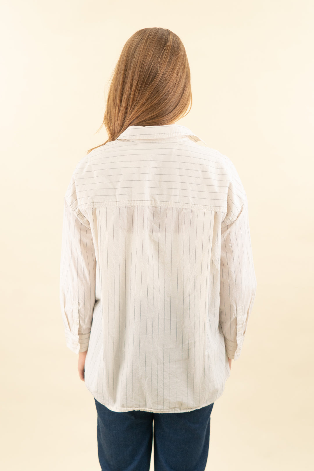 madewell cream and dark grey pinstripe button down shirt (s; retail $88)