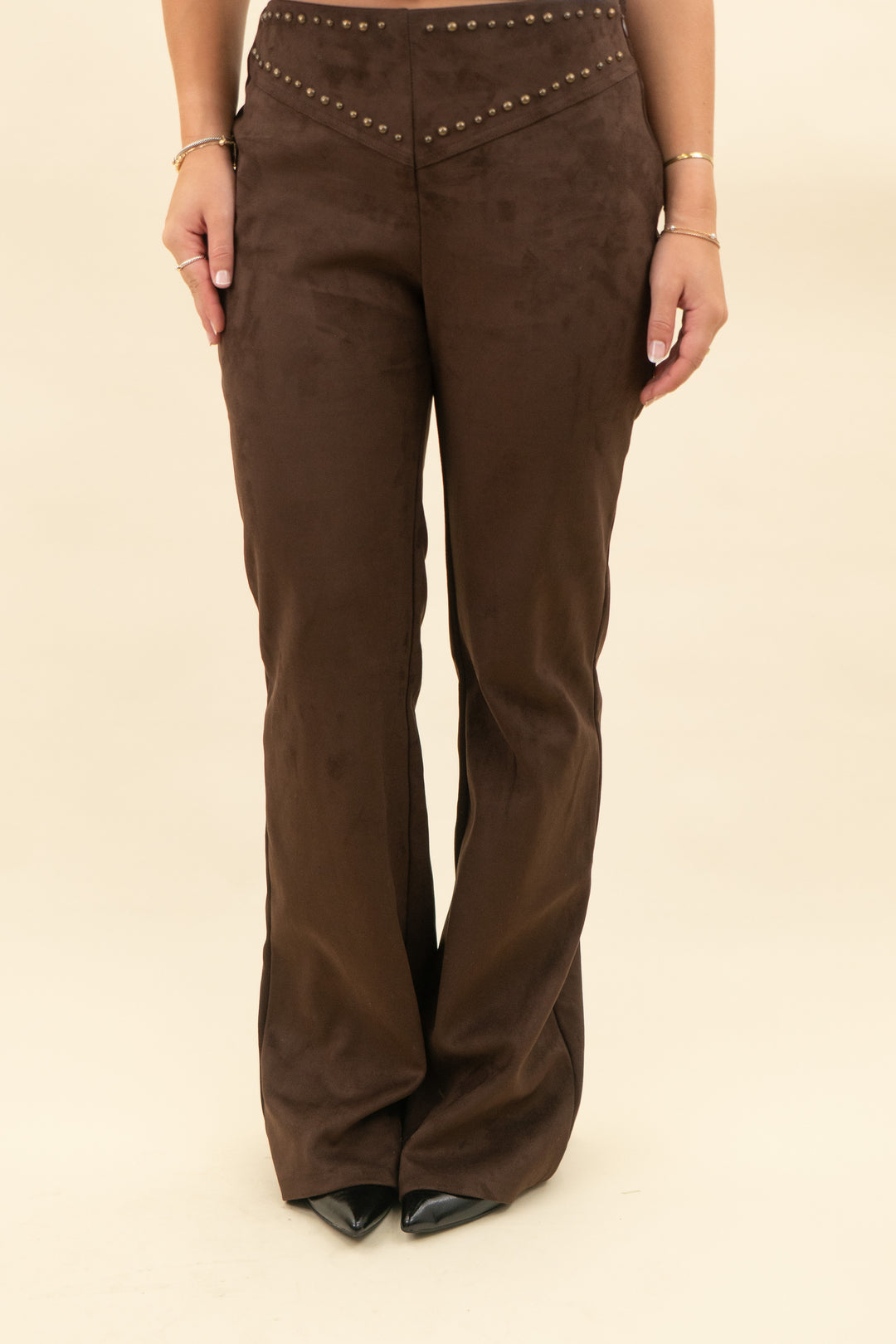 zara brown micro suede flare leg pant w/ studs at waistband nwt (s; retail $60)