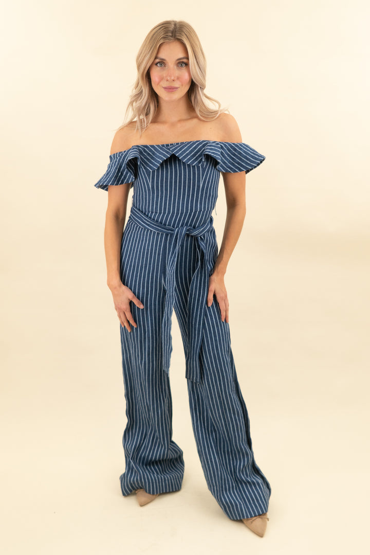 alexis navy striped ruffle off the shoulder flare jumpsuit (s; retail $495)
