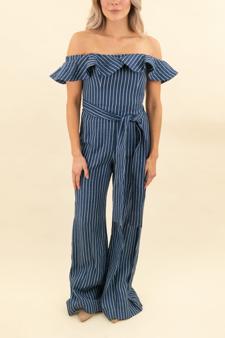 alexis navy striped ruffle off the shoulder flare jumpsuit (s; retail $495)
