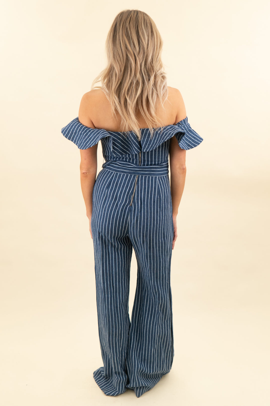 alexis navy striped ruffle off the shoulder flare jumpsuit (s; retail $495)