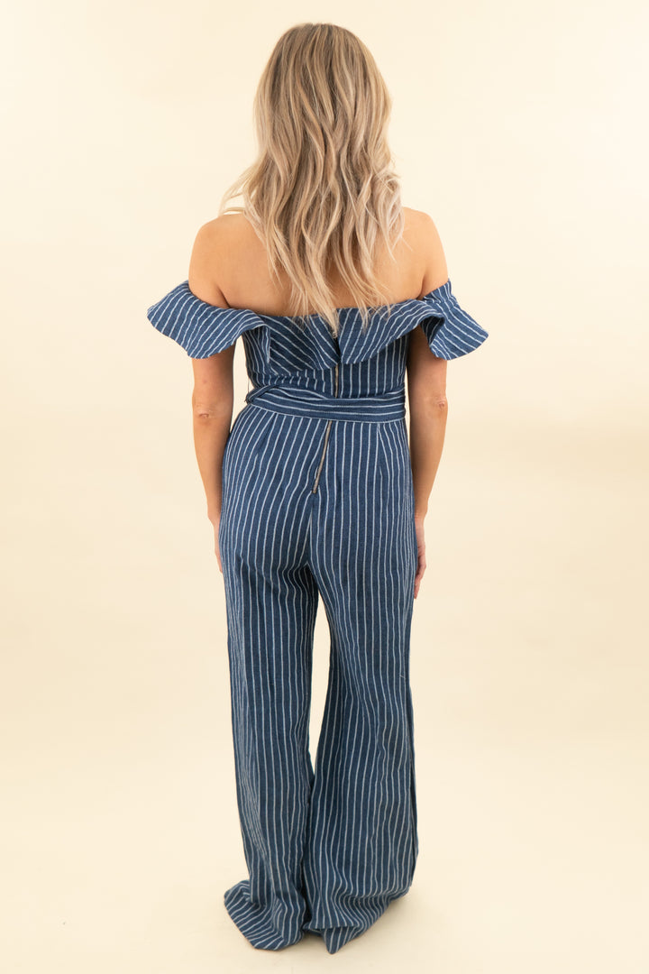 alexis navy striped ruffle off the shoulder flare jumpsuit (s; retail $495)