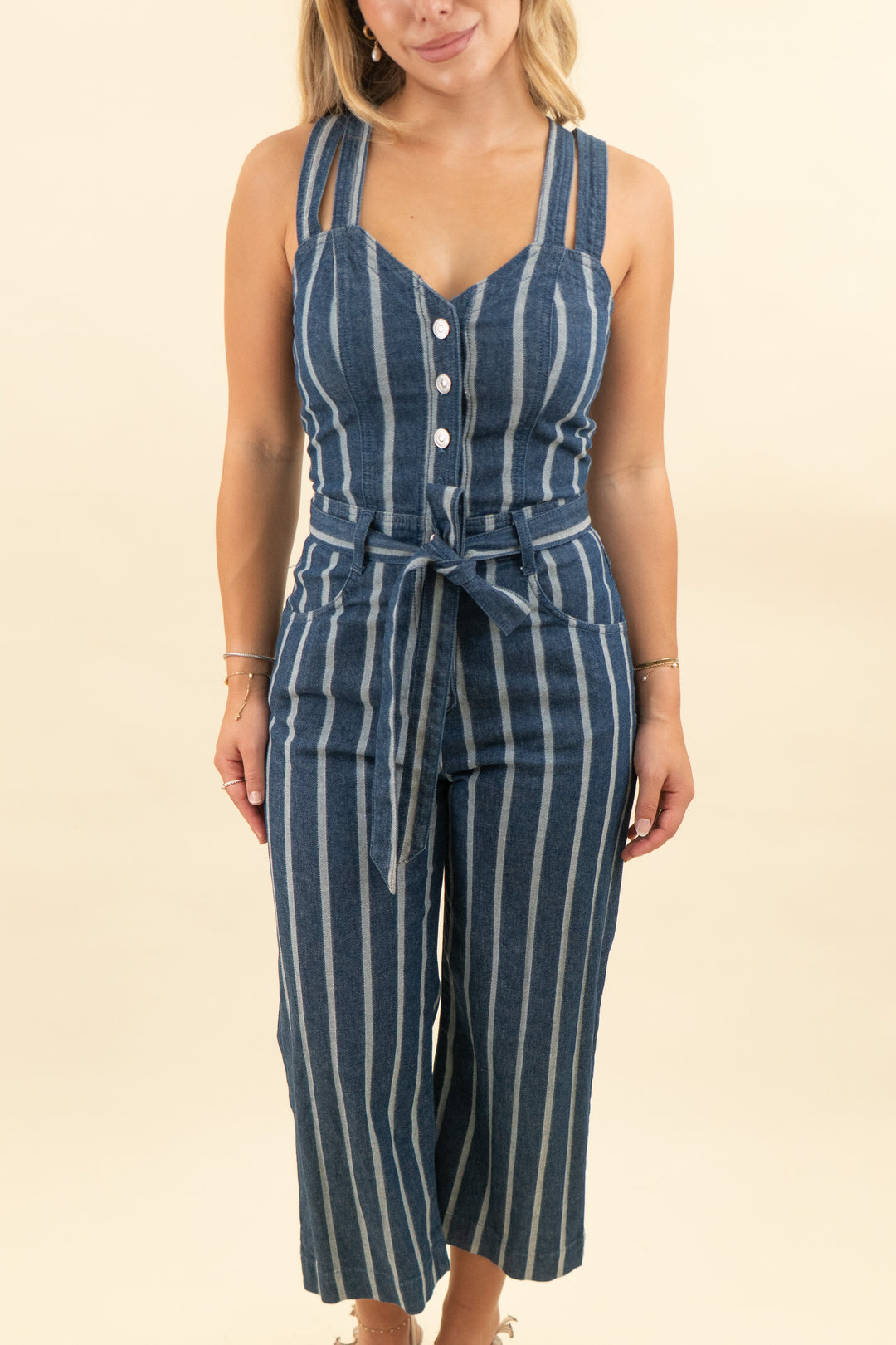 7 for all mankind dark wash striped sleeveless denim jumpsuit (24: retail $225)